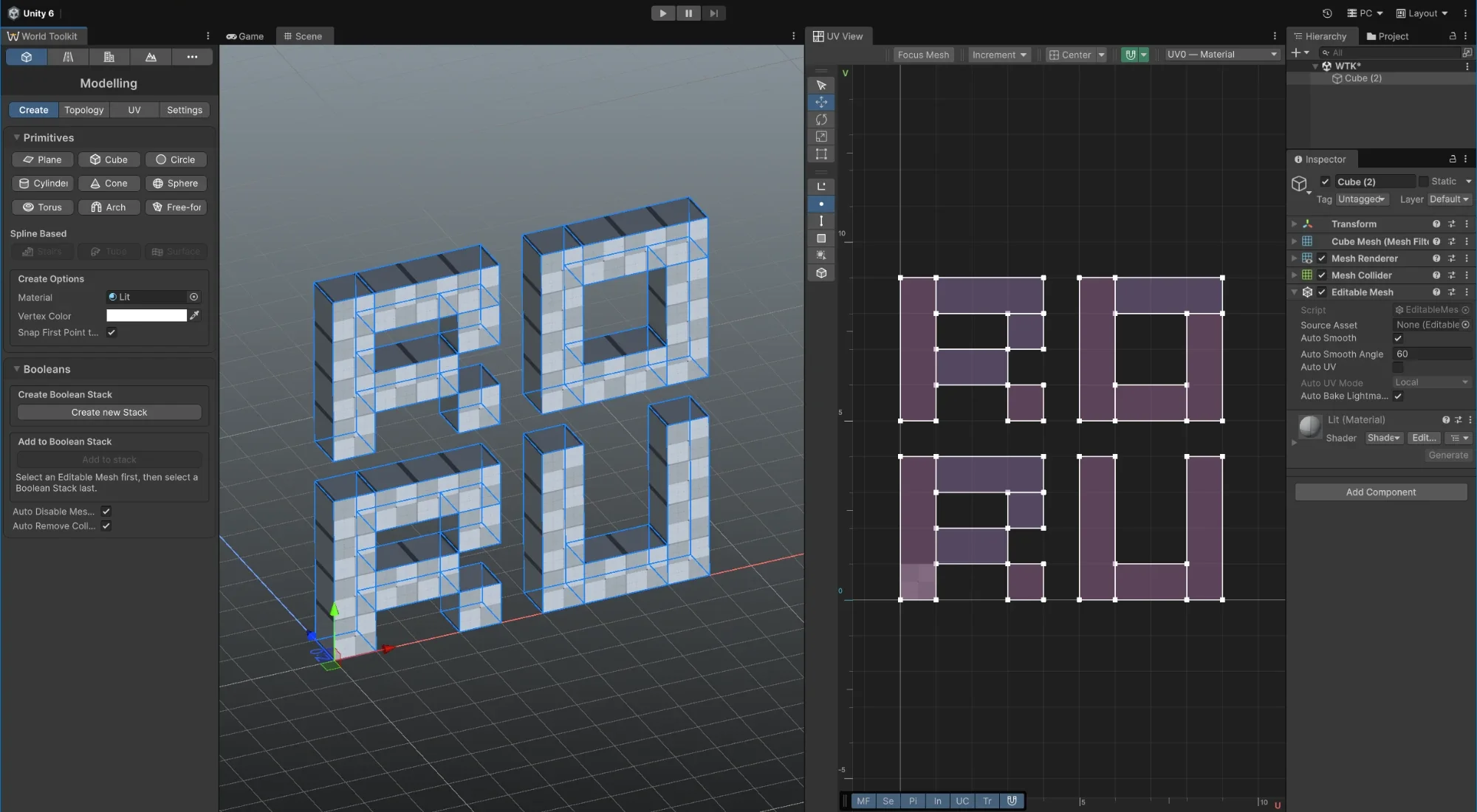 The Unity editor with the World Toolkit window, a mesh in the Scene view and its UVs in the UV View
