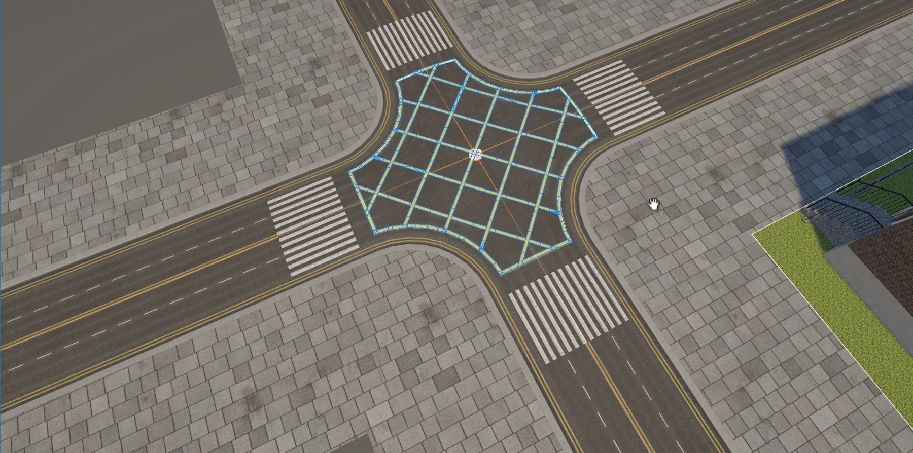 A junction with a yellow box grid and yellow lines along the curbs