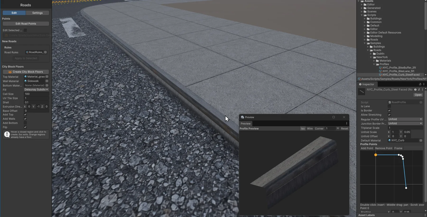 A curb profile in the inspector, its preview and the curb in the scene